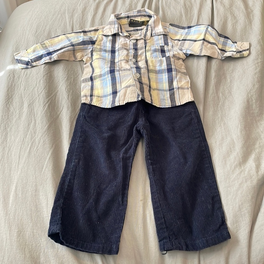 Karl Kani Gold Toddler Set Long Sleeve Plaid Button Down Navy Corduroy P…